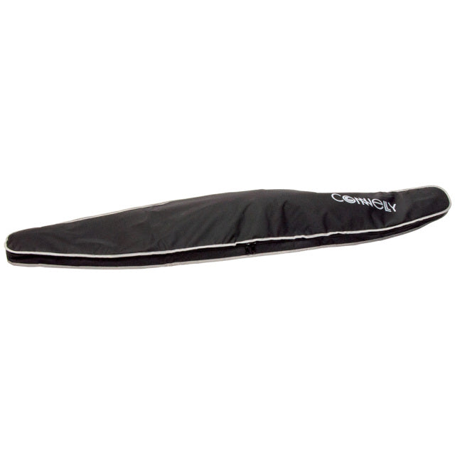 Black Performance Cover with a streamlined design, white piping, and a zippered closure for secure ski protection.