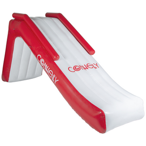Angled view of the Pontoon Slide, an inflatable red and white water slide with side handles and a wide sliding surface.