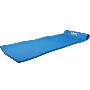Party Pool Lounge, a blue floating mat with a contoured design and raised headrest for water relaxation.