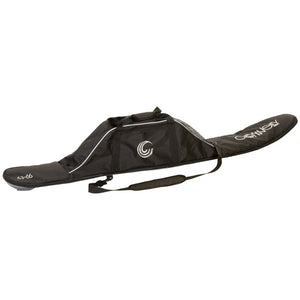 Side view of the Pro Series Cover, a black padded waterski bag with shoulder strap, zippered pockets, and white logo accents.