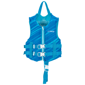 Front view of the Child Promo Neo life vest in blue with diagonal stripe design, zip closure, and safety straps.