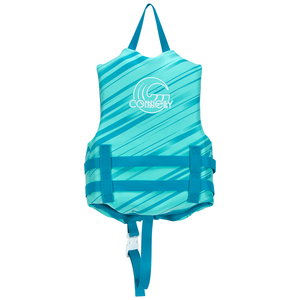 Back view of the Child Promo Neo life vest in teal with diagonal stripe design and Connelly logo.