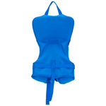 Back view of the Promo Neo Infant life vest in solid blue, featuring a safety grab handle and adjustable strap.