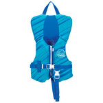 Promo Neo Infant life vest in bright blue with diagonal stripes, a front zipper, buckle, and leg strap.