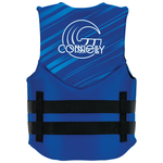 Back of Junior Promo Neo life vest in blue with a white logo and two adjustable side straps for a snug fit.