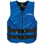 Front of Junior Promo Neo life vest in dark blue with diagonal stripe details, a zippered front, and two black buckle straps.