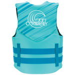Back of Junior Promo Neo life vest in teal with a white logo and two adjustable side straps for a secure fit.