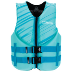 Front of Junior Promo Neo life vest in light teal with diagonal stripes, a zippered front, and two adjustable buckle straps.