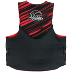Back of the Men's Promo Neo Big & Tall life vest in black and red, featuring a large logo, stripe design, and extended fit.