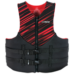 Front of the Men's Promo Neo Big & Tall life vest in black and red with a zippered front, dual buckles, and stripe design.