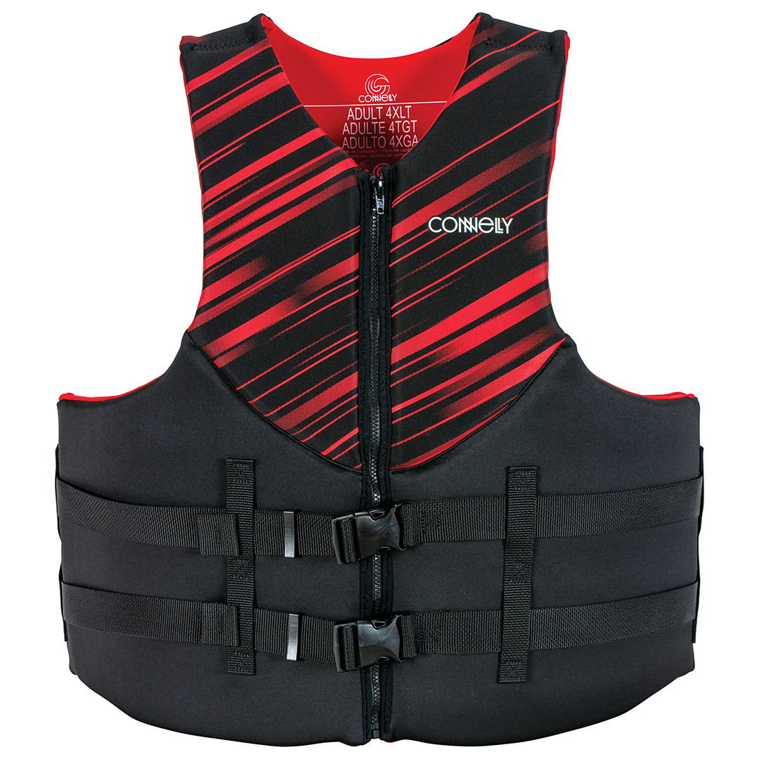 Front of the Men's Promo Neo Big & Tall life vest in black and red with a zippered front, dual buckles, and stripe design.