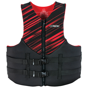 Front of the Men's Promo Neo Big & Tall life vest in black and red with a zippered front, dual buckles, and stripe design.