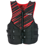 Front view of the Men's Promo Neo life vest in black and red with a zippered front, dual buckles, and angled stripe design.