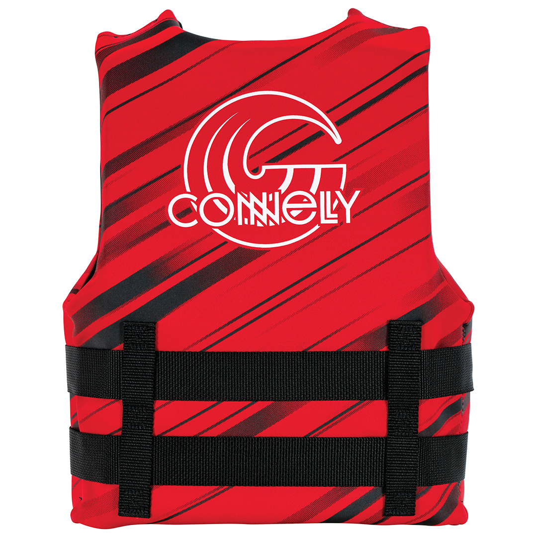 Back of Youth Promo Neo life vest in red with black diagonal stripes, white logo, and two adjustable side straps.