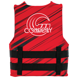 Back of Youth Promo Neo life vest in red with black diagonal stripes, white logo, and two adjustable side straps.