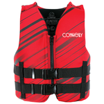 Front of Youth Promo Neo life vest in red with black diagonal stripe details, a zippered front, and two black buckle straps.