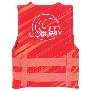Back of Youth Promo Neo life vest in red with orange diagonal stripes, white logo, and two adjustable side straps.