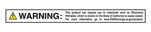 A California Proposition 65 warning label indicating potential exposure to harmful chemicals.