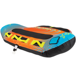 Angled side shot of the Raptor 2 towable tube showing reinforced handles, a black bottom edge, and a tow rope attachment.