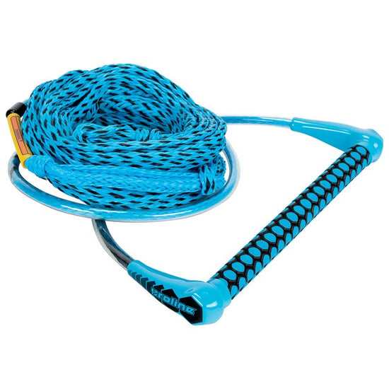 Blue and black braided tow rope with a cyan handle featuring a black honeycomb grip and clear tubing.