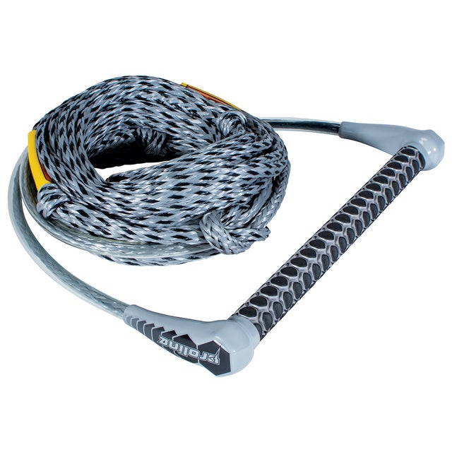 Gray and black braided tow rope with a gray handle featuring a black honeycomb grip and clear tubing.
