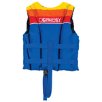 Back view of the Child Retro Nylon life vest in blue with red, orange, and yellow shoulders, plus a logo across the back.