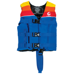 Front view of the Child Retro Nylon life vest in blue with red, orange, and yellow shoulders, featuring buckle straps.