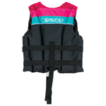 Back view of the Child Retro Nylon life vest in black with pink and teal shoulders, plus a logo across the back.