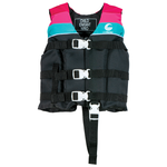 Front view of the Child Retro Nylon life vest in black with pink and teal shoulders, featuring adjustable buckle straps.