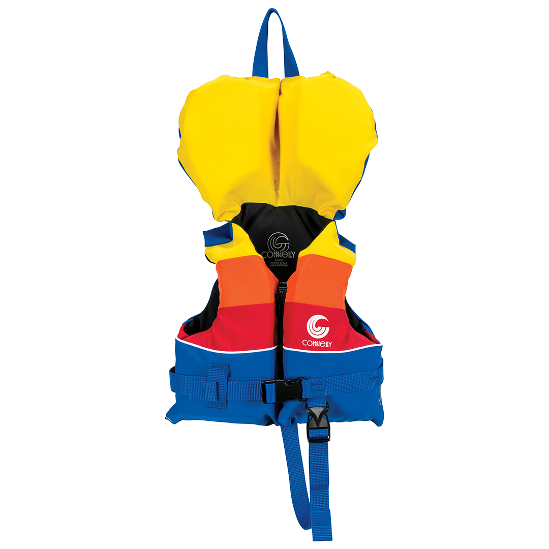 Retro Nylon Infant life vest for boys with a yellow headrest, red, orange, and blue panels.