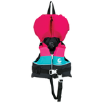 Retro Nylon Infant life vest for girls with a pink headrest, black shoulders, and teal panels.