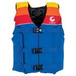 Front view of Youth Retro Nylon vest with blue, red, and yellow design, zippered front, and three black buckle straps.