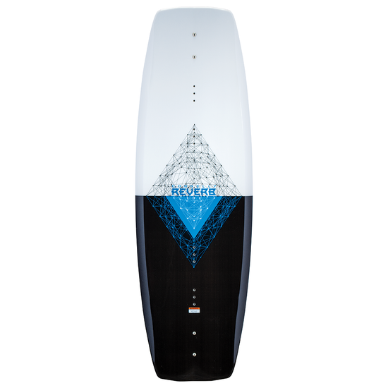 Top view of the Connelly Reverb 131 wakeboard, with a blue digital-style grid design and prominent Connelly branding.