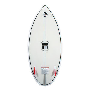 Bottom view of the MC Benz 4'4" wakesurf board, featuring a white base with black trim, center stringer, and twin red fins.
