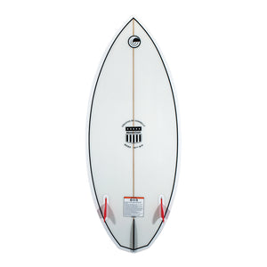 Bottom view of the MC Benz 4'8" wakesurf board, with a white base, black trim, center stringer, and twin red fins.