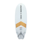 Bottom view of the MC Big Easy 5'6" wakesurfer, with a white base, woodgrain accent, center stringer, and triple fin setup.