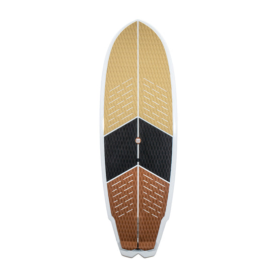 Top view of the MC Big Easy 5'6" wakesurfer, featuring a tan, black, and brown diamond-textured traction pad on a white deck.