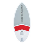 Bottom view of the MC Habit 4'8" wakesurf board, featuring a white base with gray and red geometric accents and a single fin.