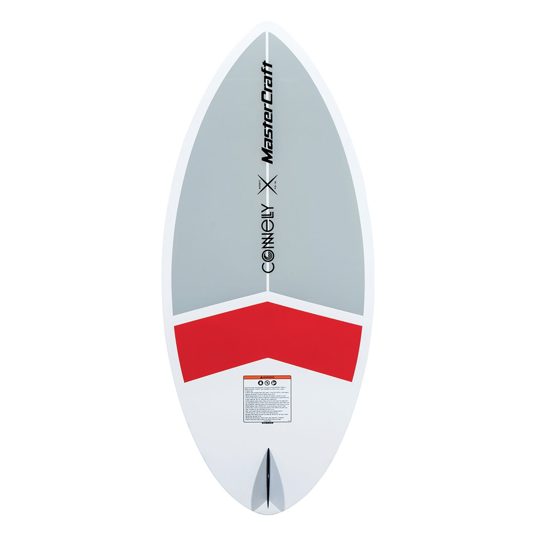 Bottom view of the MC Habit 4'8" wakesurf board, featuring a white base with gray and red geometric accents and a single fin.