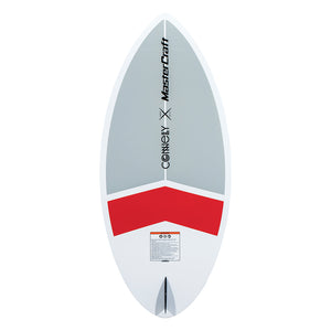 Bottom view of the MC Habit 4'8" wakesurf board, featuring a white base with gray and red geometric accents and a single fin.