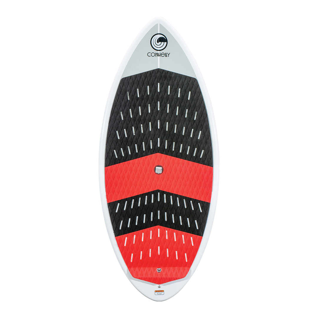 Top view of the MC Habit 4'8" wakesurf board, displaying a black and red traction pad on a white deck with a pointed nose.