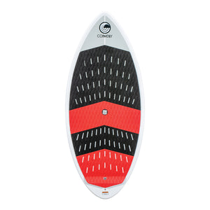 Top view of the MC Habit 4'8" wakesurf board, displaying a black and red traction pad on a white deck with a pointed nose.