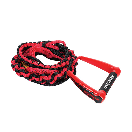 MC Surf Rope with a red and black braided rope, a red handle with MasterCraft branding, and a soft foam grip for comfort.