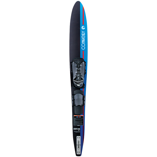 Top of the Shortline ski with a blue and black carbon fiber design, a single boot binding and adjustable rear toe plate.
