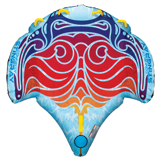 Top view of the Stingray inflatable tube with a red, blue, and orange design, yellow handles, and side branding.