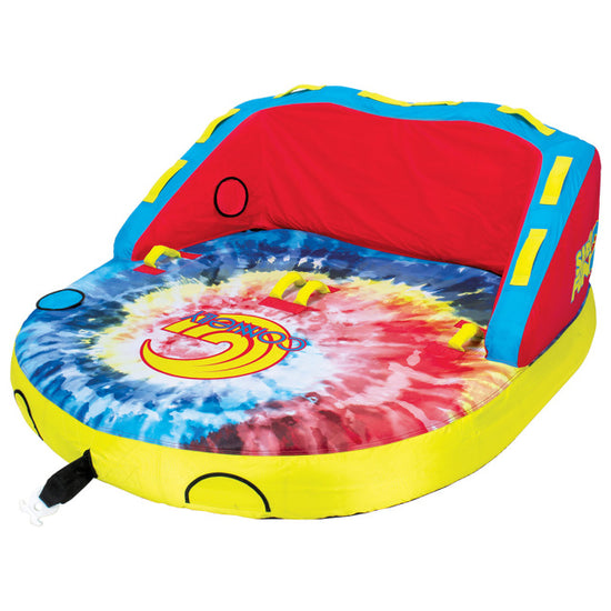 Super Fun 2 inflatable tube with a tie-dye base, red backrest, yellow accents, and multiple handles for two riders.