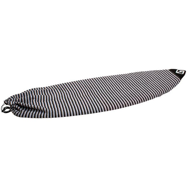 Surf Sock with black and white stripes, a drawstring closure, and a stretchy fabric for board protection.