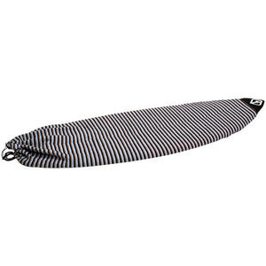 Surf Sock with black and white stripes, a drawstring closure, and a stretchy fabric for board protection.