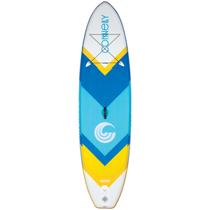 Top view of the 10ft Tahoe ISUP, a blue, white, and yellow stand-up paddleboard with a chevron pattern and storage bungee.