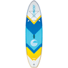 Top view of the 10ft Tahoe ISUP, a blue, white, and yellow stand-up paddleboard with a chevron pattern and storage bungee.